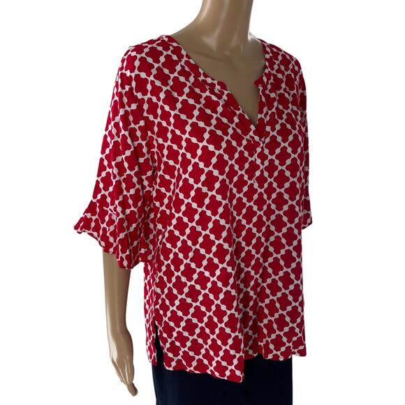 Escapada Red Ruffled Sleeve White Lattice V Neck Top - Picture 4 of 8